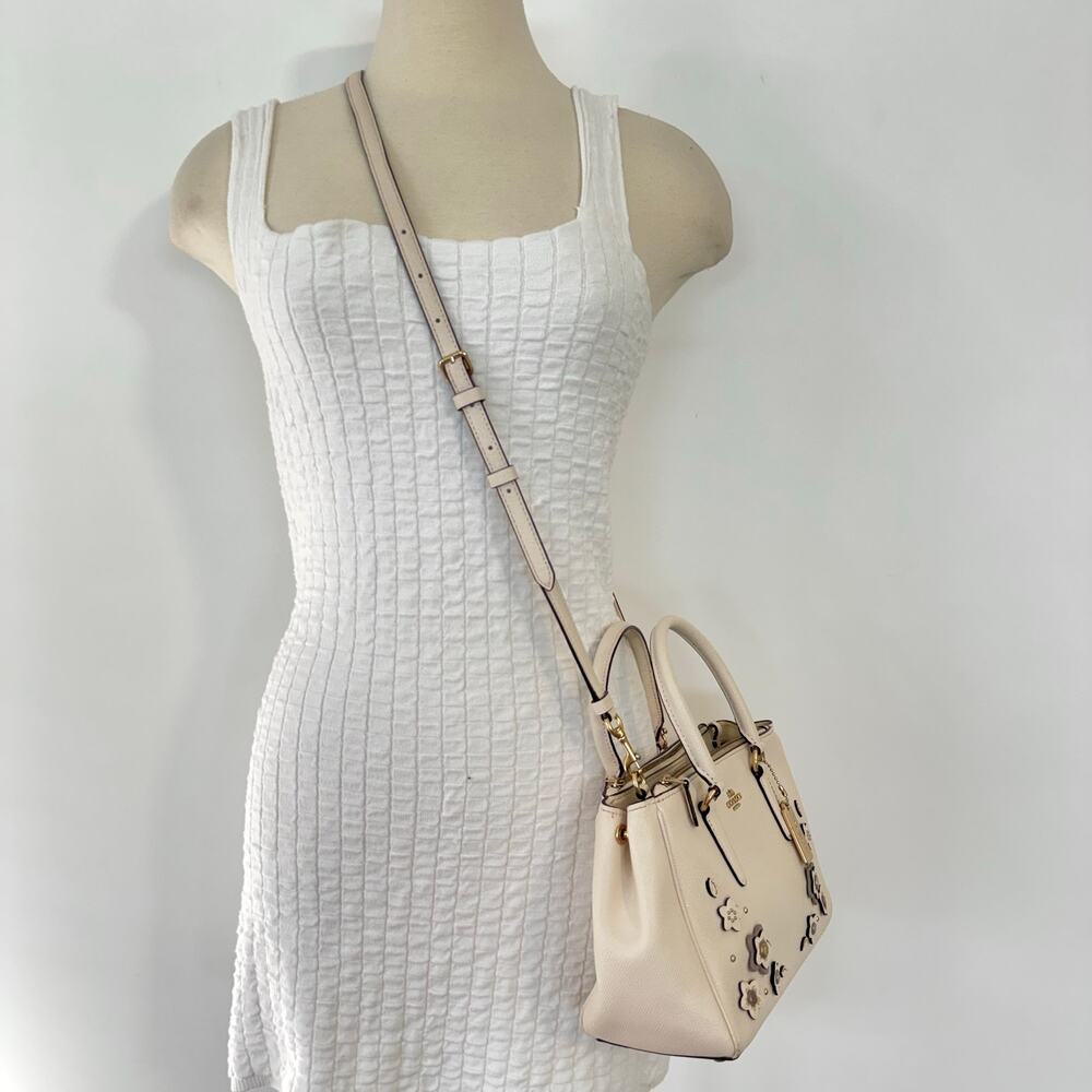 Coach Mini Surrey Carryall Crossgrain Leather Floral Applique Crossbody Chalk - Picture 3 of 16
